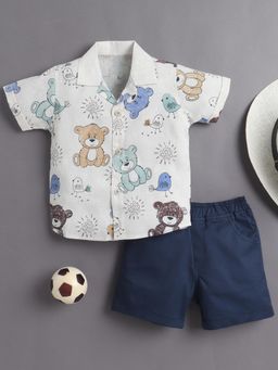 Bumzee - Boys Off White-Navy Blue Cotton Printed Shirt and Shorts