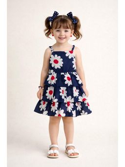 The Magic Wand - Girls Navy Blue Strappy Floral Printed Tiered Dress