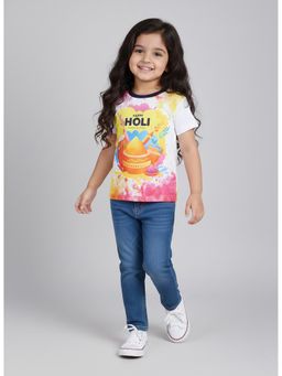 The Magic Wand - Girls Multi-Color Holi Theme Printed Half Sleeves T-shirt