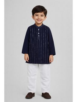 The Magic Wand - Boys Navy Blue Sequined Embellished Kurta with Pyjama