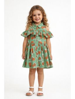 The Magic Wand - Girls Green Leaves Printed Gathered Dress