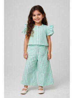 The Magic Wand - Girls Green-White Stripes Printed Top and Pant