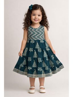 The Magic Wand - Girls Teal Sleeveless Butta Printed Laced Tiered Dress