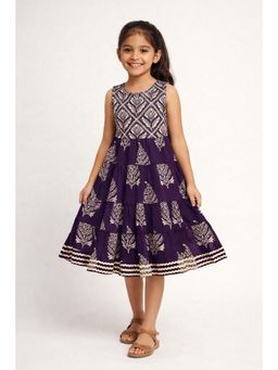 The Magic Wand - Girls Purple Sleeveless Butta Printed Laced Tiered Dress