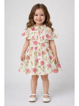 The Magic Wand - Girls Off White Floral Printed Gathered Dress