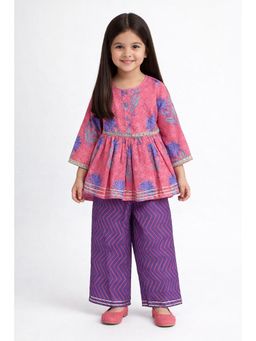 The Magic Wand - Girls Pink-Purple Floral Printed Kurti with Pant