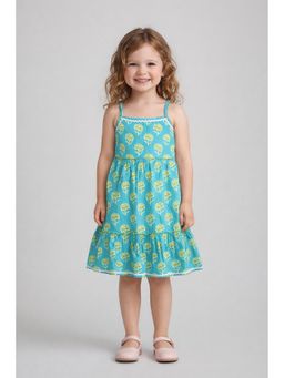 The Magic Wand - Girls Turquoise Strappy Ric Rac Floral Printed Tiered Dress