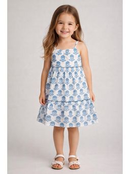 The Magic Wand - Girls White-Blue Strappy Floral Printed Tiered Dress