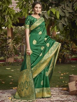 Akhilam - Womens Silk Blend Green Woven Design Designer Saree with Unstitched Blouse