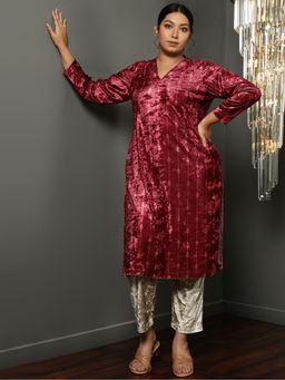 Amydus - Women Red Velvet Stripes Straight Kurta