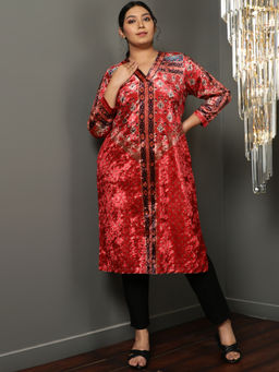 Amydus - Women Red Velvet Abstract Straight Kurta