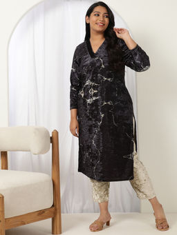 Amydus - Women Black Velvet Abstract Straight Kurta