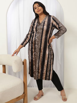 Amydus - Women Black Velvet Stripes Straight Kurta