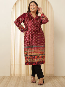 Amydus - Women Maroon Velvet Geometric Straight Kurta