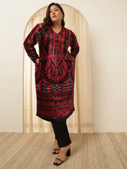 Amydus - Women Black Velvet Geometric Straight Kurta