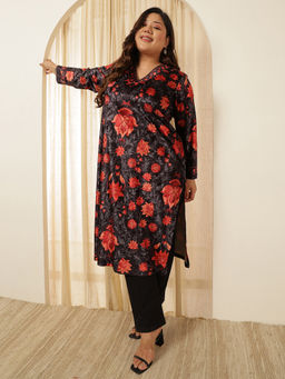 Amydus - Women Black Velvet Floral Straight Kurta