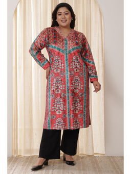Amydus - Women Red Velvet Floral Straight Kurta