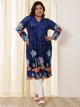 Amydus - Women Blue Velvet Floral Straight Kurta