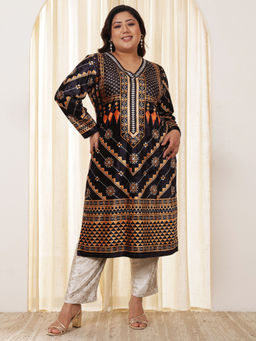 Amydus - Women Black Velvet Geometric Straight Kurta