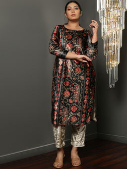 Amydus - Women Black Velvet Floral Straight Kurta