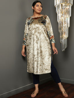 Amydus - Women Beige Velvet Floral Straight Kurta