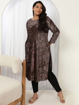 Amydus - Women Brown Velvet Checks Straight Kurta