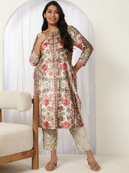 Amydus - Women Beige Velvet Floral Straight Kurta
