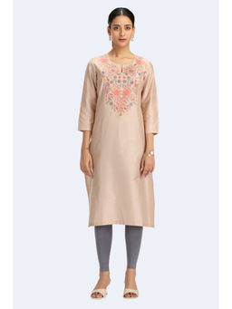 Cotton Culture - Women Beige Art Silk Embroidered Straight Kurta
