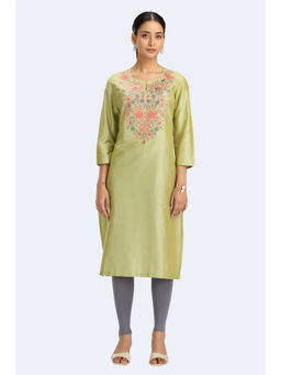 Cotton Culture - Women Green Art Silk Embroidered Straight Kurta