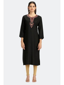 Cotton Culture - Women Black Viscose Rayon Embroidered Straight Kurta