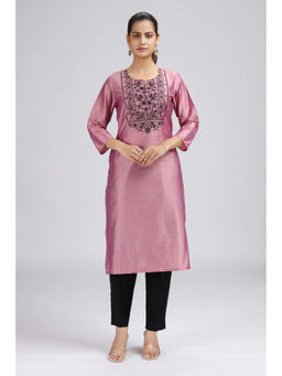 Cotton Culture - Women Pink Art Silk Embroidered Straight Kurta