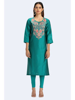 Cotton Culture - Women Teal Art Silk Embroidered Straight Kurta