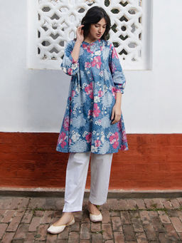 CUSTARD - Women Blue Cotton Floral A-Line Tunic