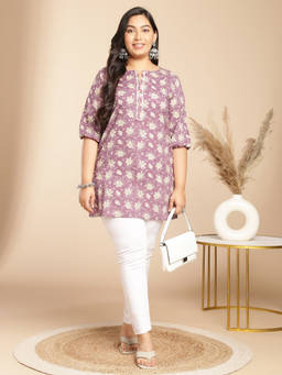 CUSTARD - Women Purple Cotton Floral Straight Tunic