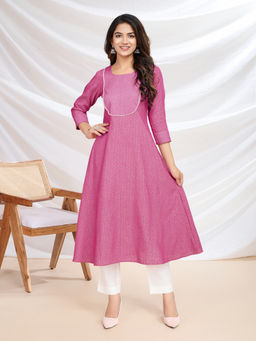 INDDUS - Women Pink Cotton Woven A-Line Kurta