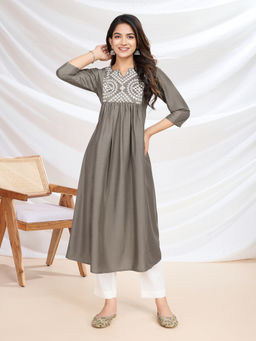 INDDUS - Women Grey Silk Blend Embroidered A-Line Kurta