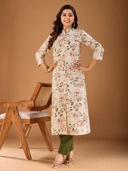 INDDUS - Women Cream Cotton Floral A-Line Kurta