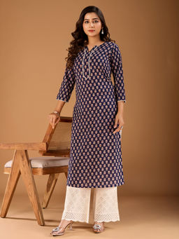 INDDUS - Women Navy Blue Cotton Floral Straight Kurta