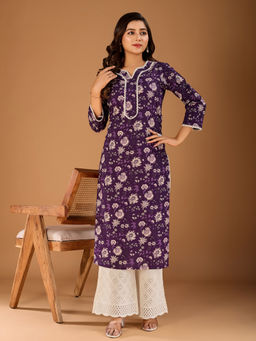 INDDUS - Women Wine Cotton Floral Straight Kurta