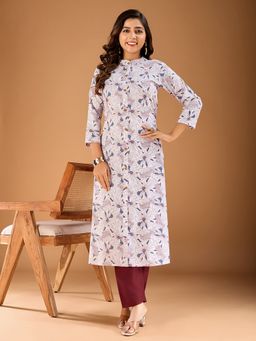 INDDUS - Women Off White Rayon Floral A-Line Kurta