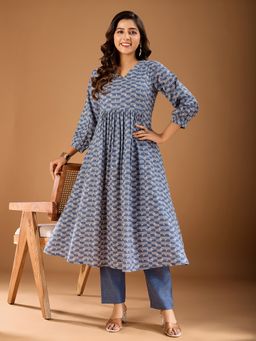 INDDUS - Women Blue Cotton Geometric A-Line Kurta