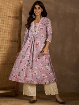 INDDUS - Women Lavender Cotton Embroidered A-Line Kurta