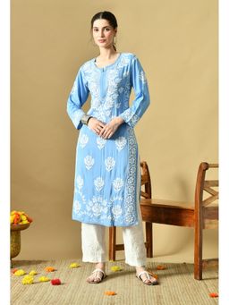 SYRISH - Women Blue Rayon Embroidered Straight Kurta