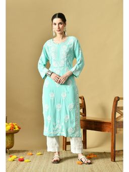 SYRISH - Women Green Rayon Embroidered Straight Kurta