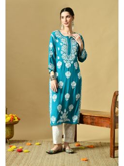 SYRISH - Women Turquoise Rayon Embroidered Straight Kurta