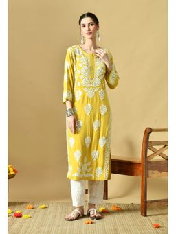 SYRISH - Women Yellow Rayon Embroidered Straight Kurta
