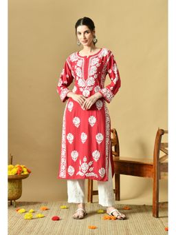 SYRISH - Women Pink Rayon Embroidered Straight Kurta