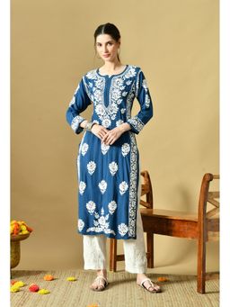 SYRISH - Women Teal Rayon Embroidered Straight Kurta