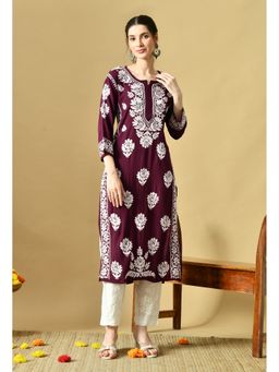 SYRISH - Women Wine Rayon Embroidered Straight Kurta