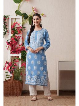SYRISH - Women Blue Rayon Embroidered Straight Kurta